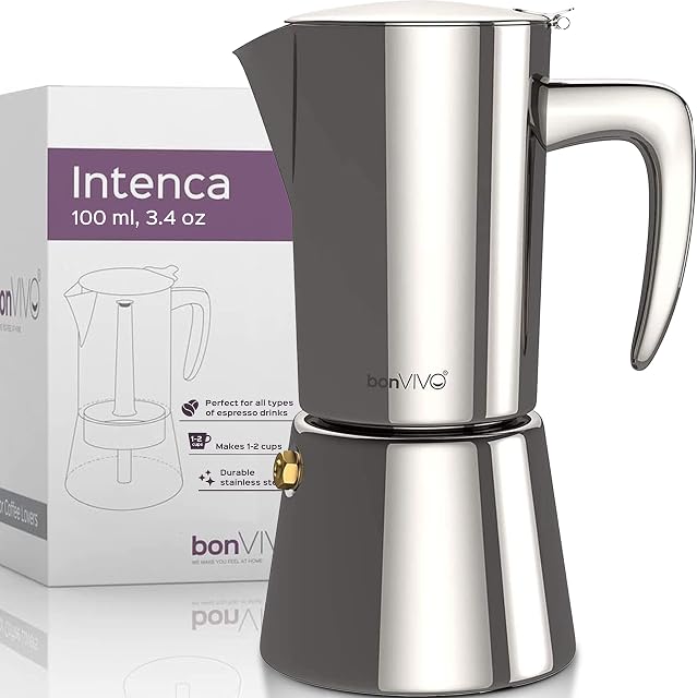 bonVIVO Zaparzacz do espresso nadaje się do kuchenek indukcyjnych  ze stali nierdzewnej o wyglądzie chromu z czajnikiem i sitkiem  dzbanek do mokki 2 filiżanki  100 ml  prezenty bożonarodzeniowe