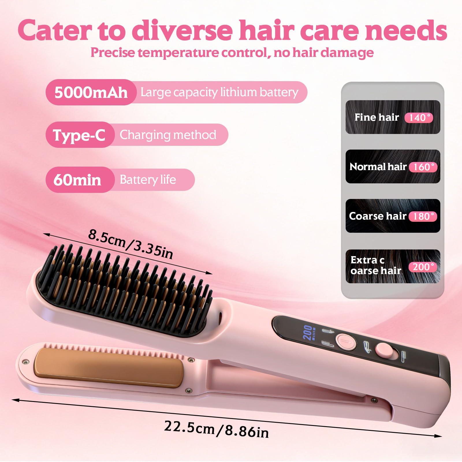 Scettar 2-in-1 Kabellose Glätteisenbürste, Wiederaufladbare Tragbare Haarglätterbürste mit 5000 mAh, Ideal für Reisen, Flacheisen und Bürsten-Kombination für glattes, krauses Styling (Rosa)