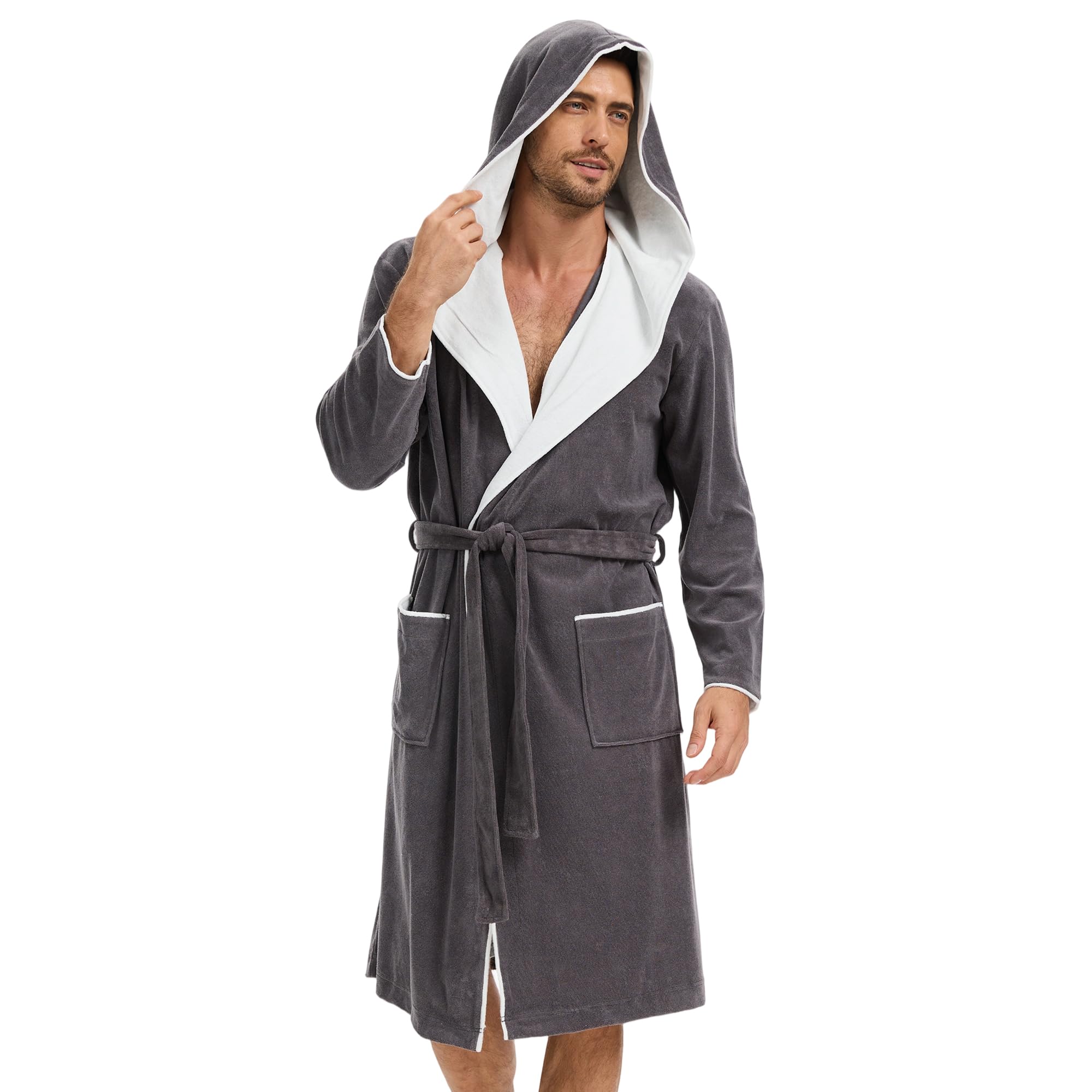 Accappatoio uomo con cappuccio cotone spugna Kimono vestaglia di media lunghezza