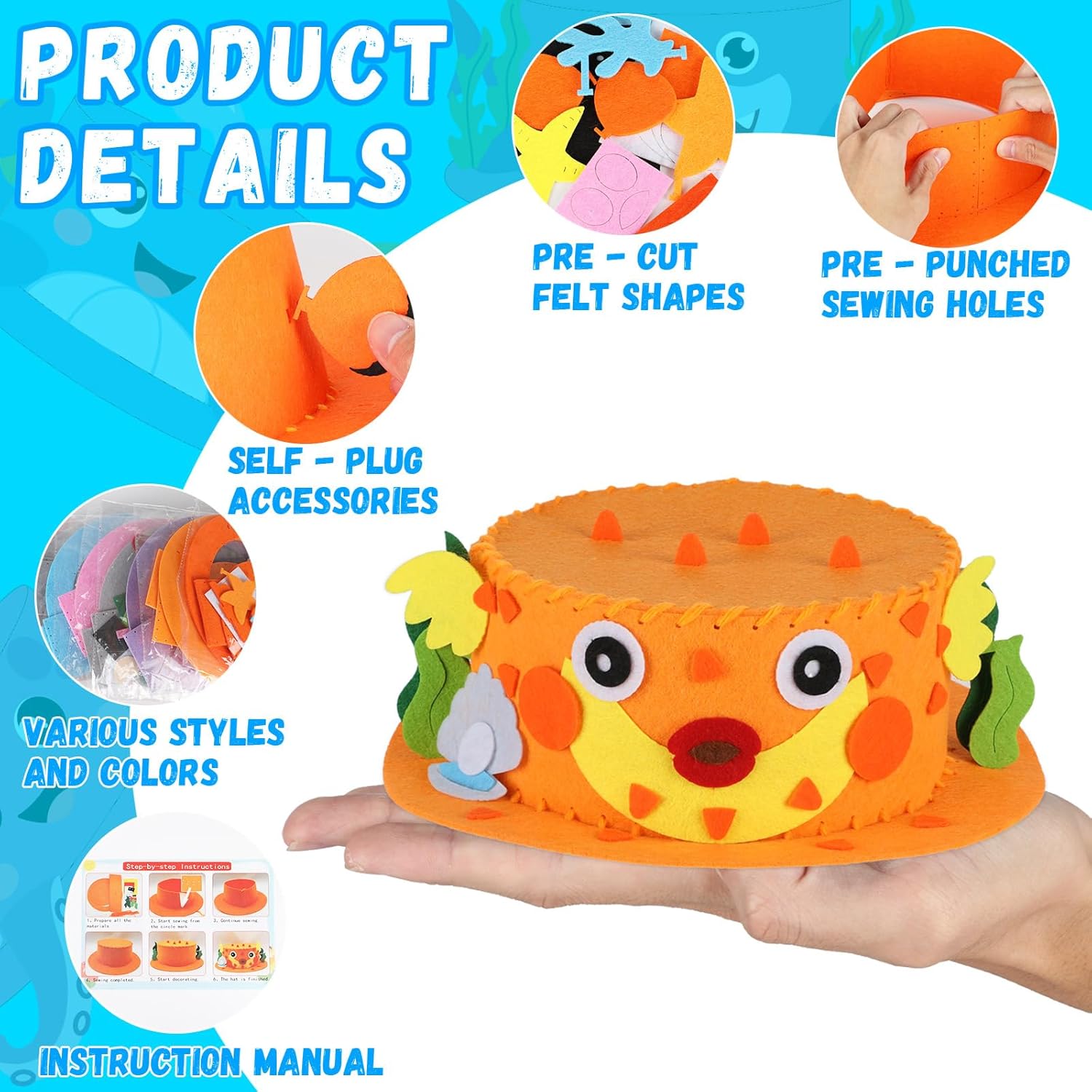 海底フェルトクラフトキット 8セット 自分だけの帽子を作る DIYキット 海の動物 パーティーハット ボンネット アートセット ロー