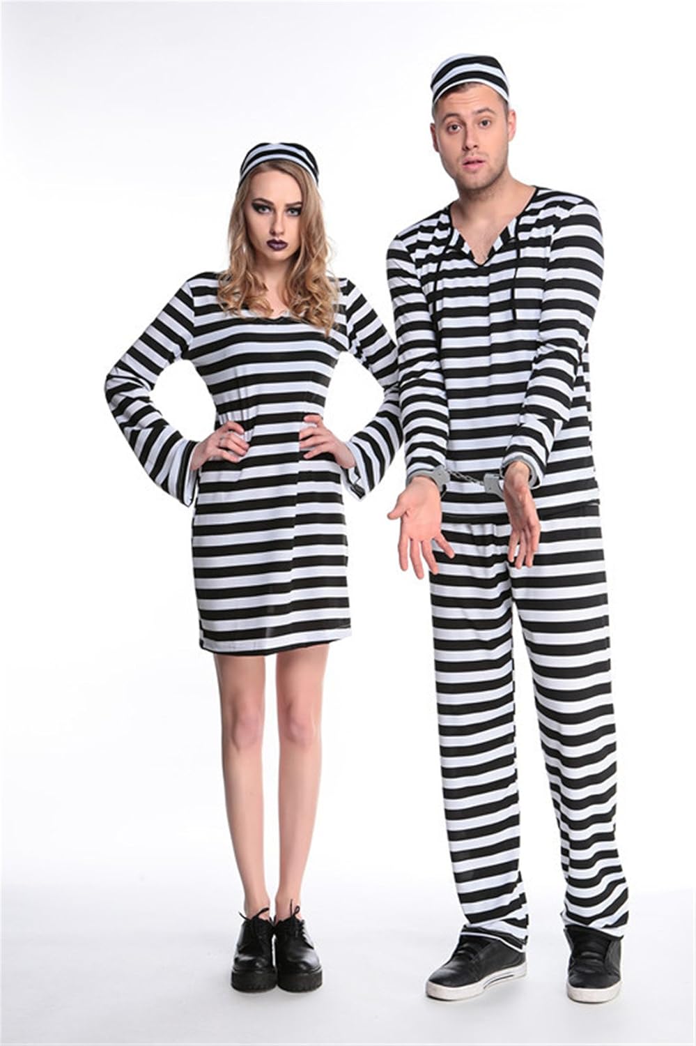 [Burning Go] 囚人服 手錠付き ハロウィン コスチューム 衣装 仮装 白黒ボーダー柄 囚人服ワンピース 男女 ペアルック ハロウィン 衣装 コスプレ (Ｍ, 女性)