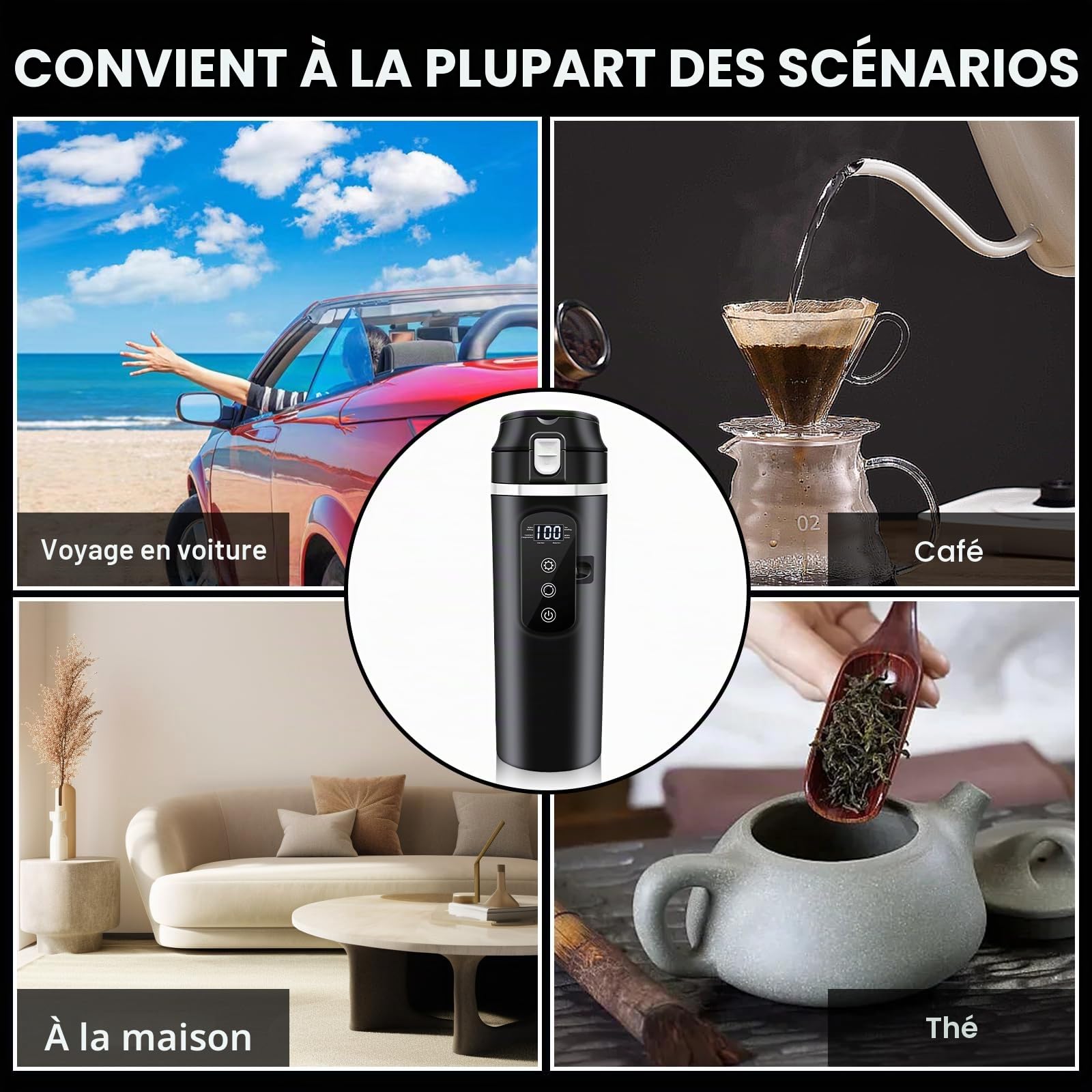 Bouilloire électrique pour voiture, tasse chauffante 500 ml, bouilloire de voyage, mini café électrique 12 V, réglage de la température variable jusqu'à 100 °C, pour camion, camping