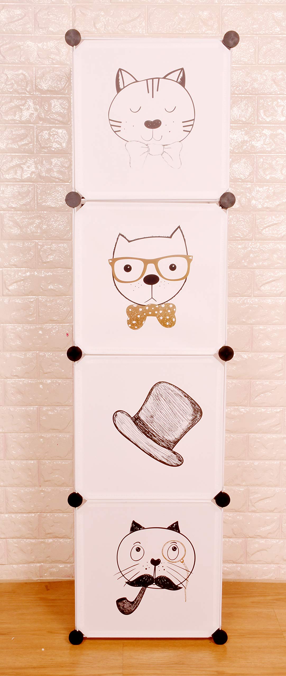THE LITTLE LOOKERS Collapsible Kids Clothing Wardrobe |Cute Prince & Castle Print/Portable Waterproof Multipurpose Storage Rack/Adjustable Almirah for Babies/Girls/Boys (White Cat, 4 Cube)