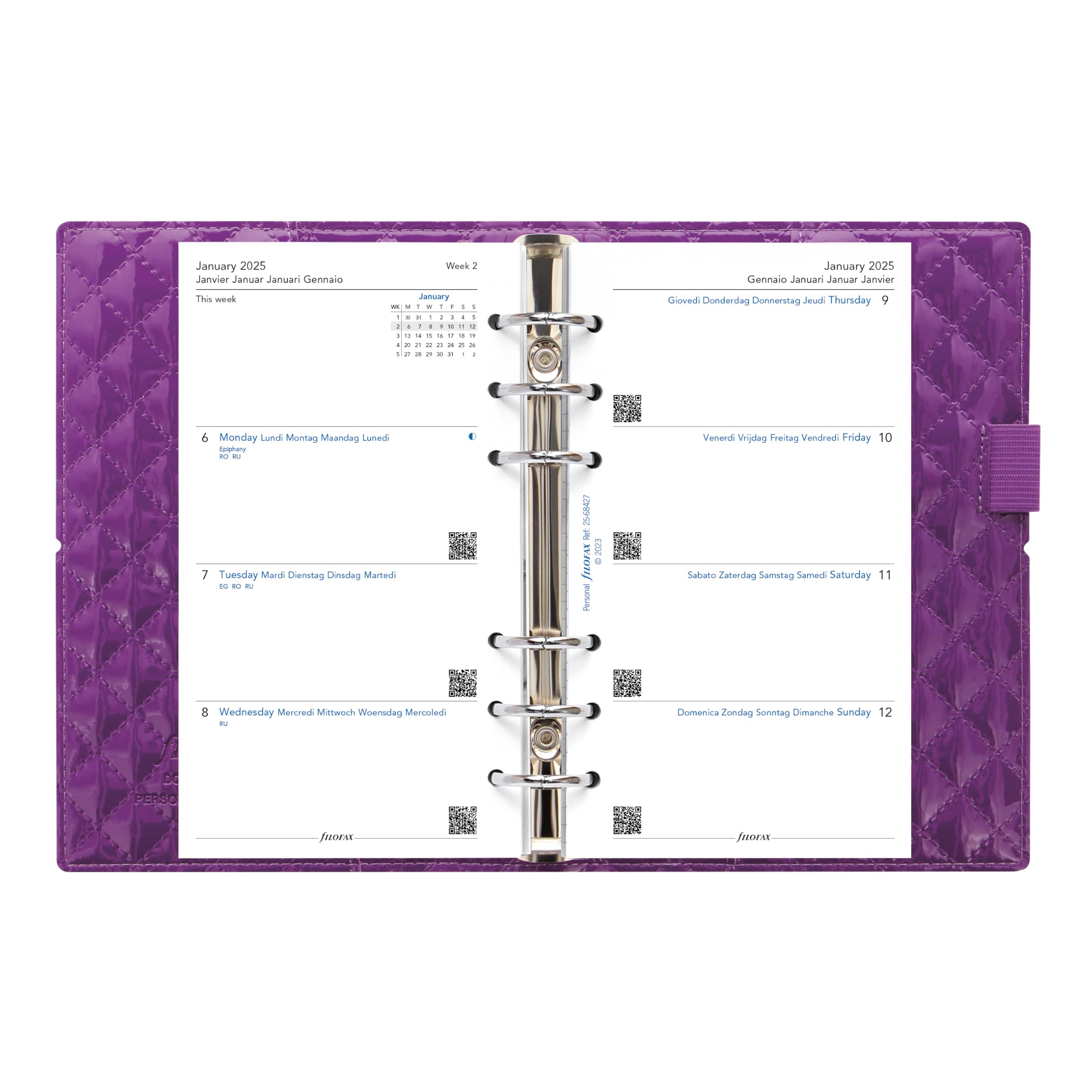 Filofax Domino Luxe Organizer, persönliche Größe, lila - Hochglanz, Steppeffekt, Pariser inspiriert, Sechs Ringe, Wochenansicht, Kalender, Terminplaner, mehrsprachig, 2025 (C027989-25)