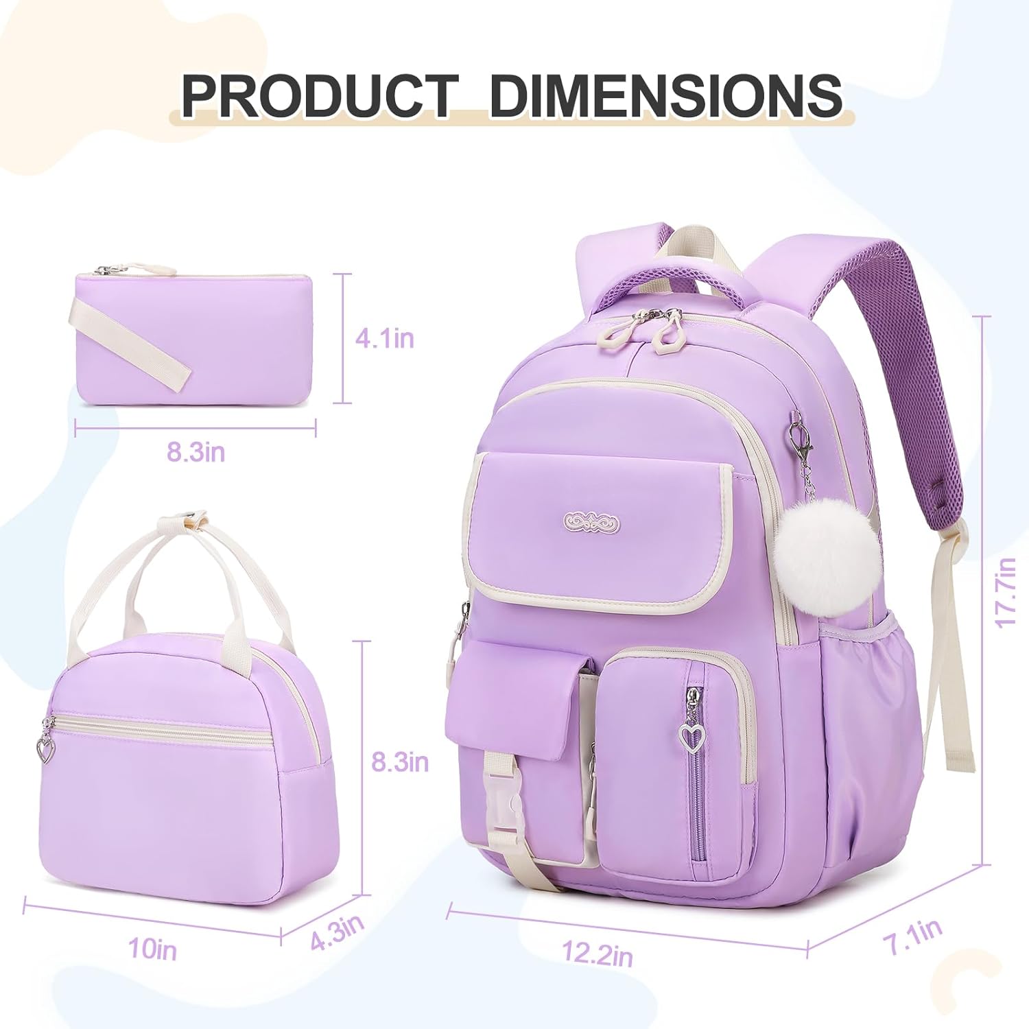 Backpacks for Girls, 3PCS School Backpack with Lunch Box Pencil Pouch for Teen Girls Kids Elementary Primary Middle High College Daypack School bag Bookbag Set(Purple) - Image 2