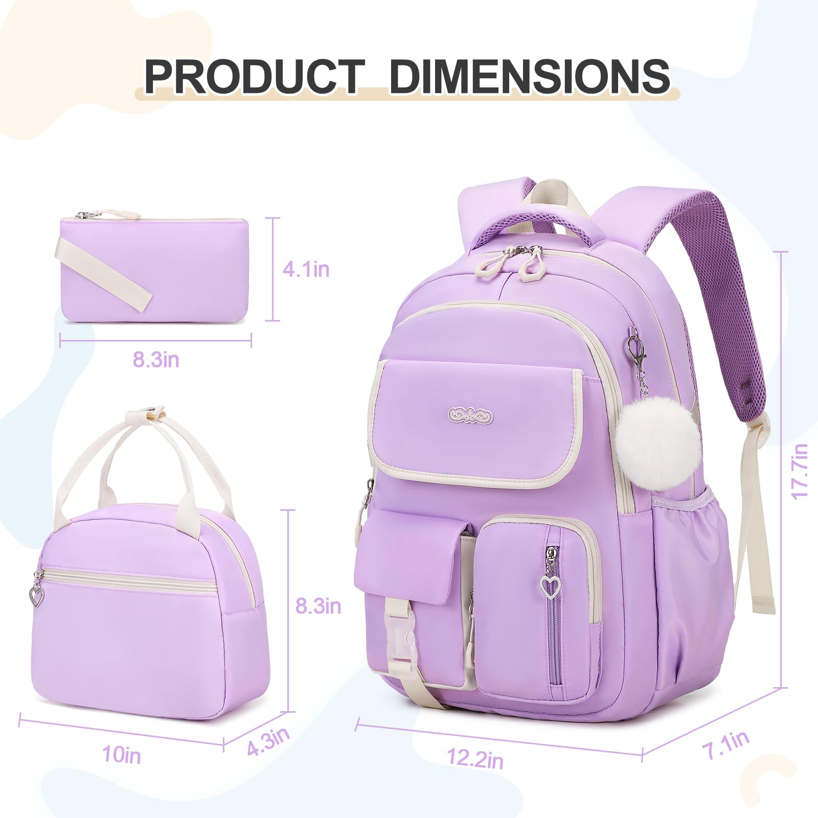 DIGOBAY Mochilas para niñas, mochila escolar de 3 piezas con lonchera y estuche para lápices para adolescentes y niñas