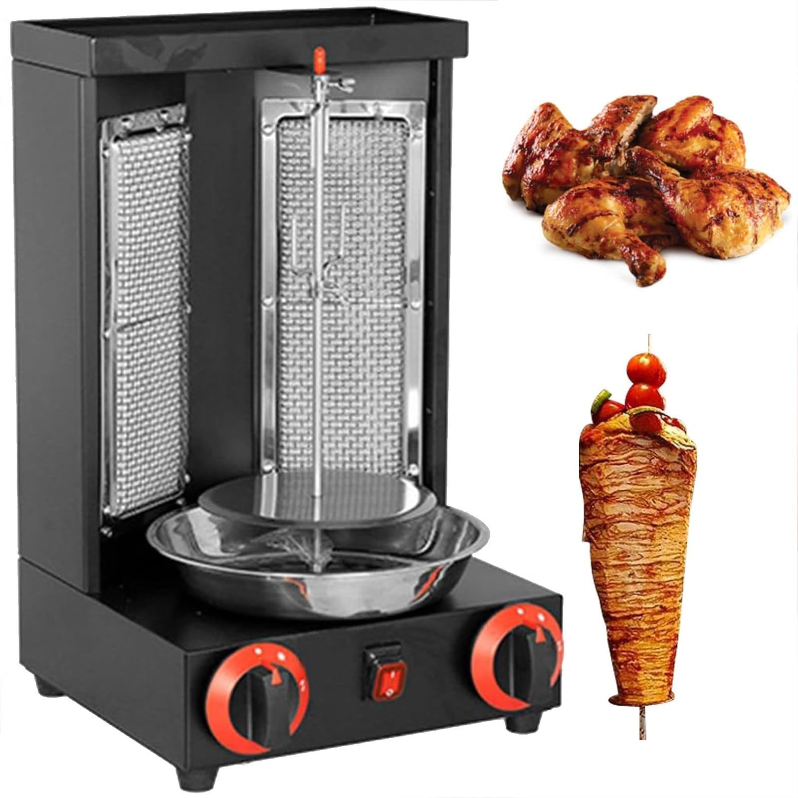 Acier Inoxydable Vertical Machine, À Gaz Gril De Table Avec 2 BrûLeurs,Grill Pour Kebab, Rotatif Interrupteur RéGlage 3000 W(Black)