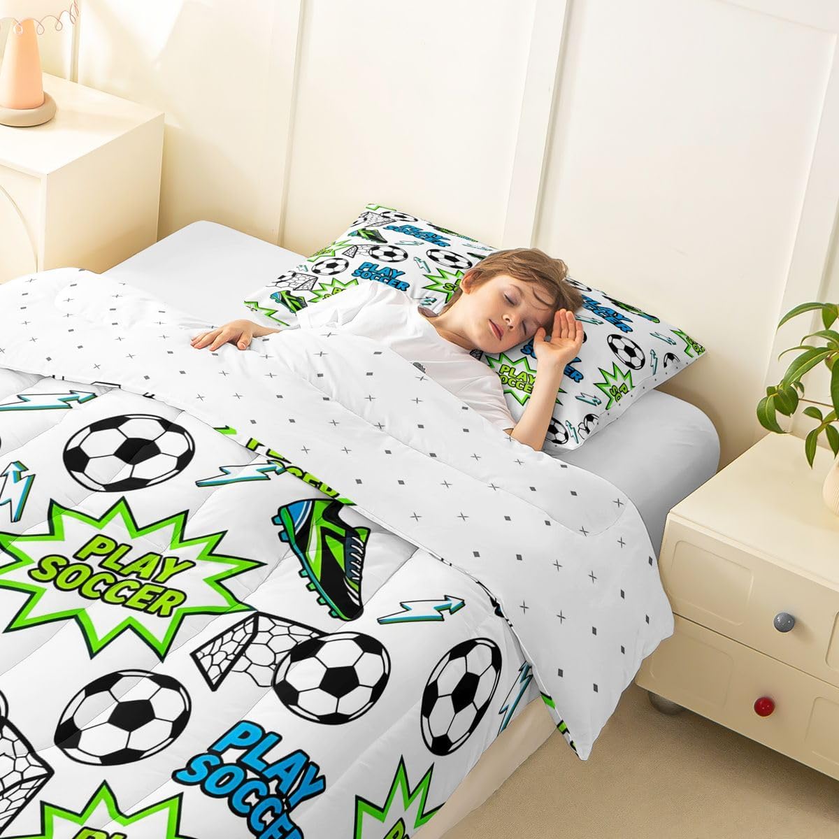 Soccer Ball Bedding Sets Twin Size,Cleats Lightning Print Comforter Set 2Pcs for Kids Girls Boys Teens Room Decor,Play Soccer Bubble Quilted Duvet Ball Sports Gaming Down Comforter,1 Pillowcase image 3