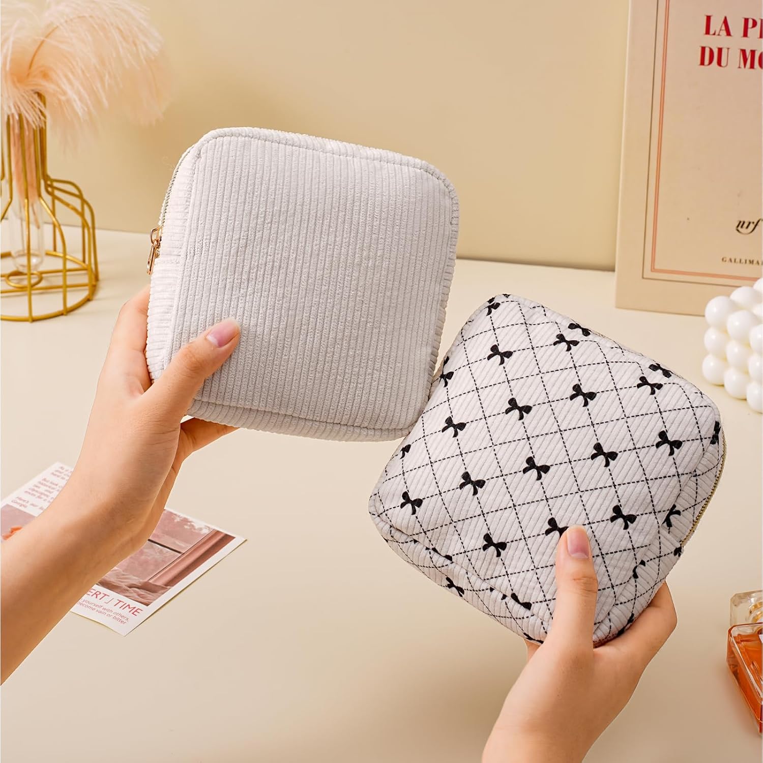 uekeboag Cute Small Corduroy Zipper Makeup Bag for Purse(14Beige) image 4