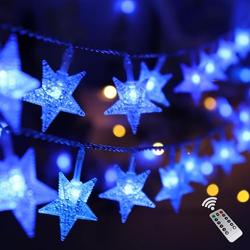 Runleo Guirnalda de luces azules para decoración de Navidad, 20 pies, 40 luces LED, funciona con pilas, 8 modos y temporizador, decoración colgante