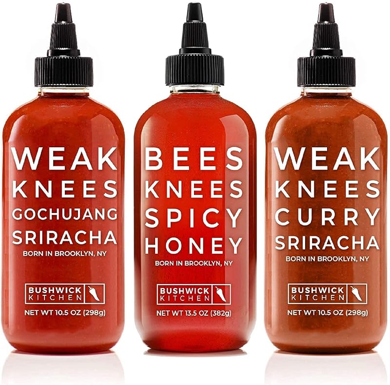 Spicy Trio Sampler, Set Includes Bees Knees Spicy Honey, Weak Knees Gochujang Sriracha, Weak Knees Curry Sriracha Hot Sauces
