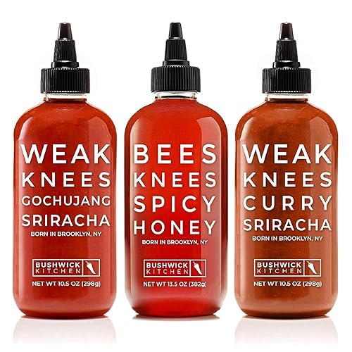 Bushwick Kitchen Picy Trio Sampler, juego incluye abejas rodillas miel picante, rodillas débiles Gochujang Sriracha, rodillas débiles Curry Sriracha