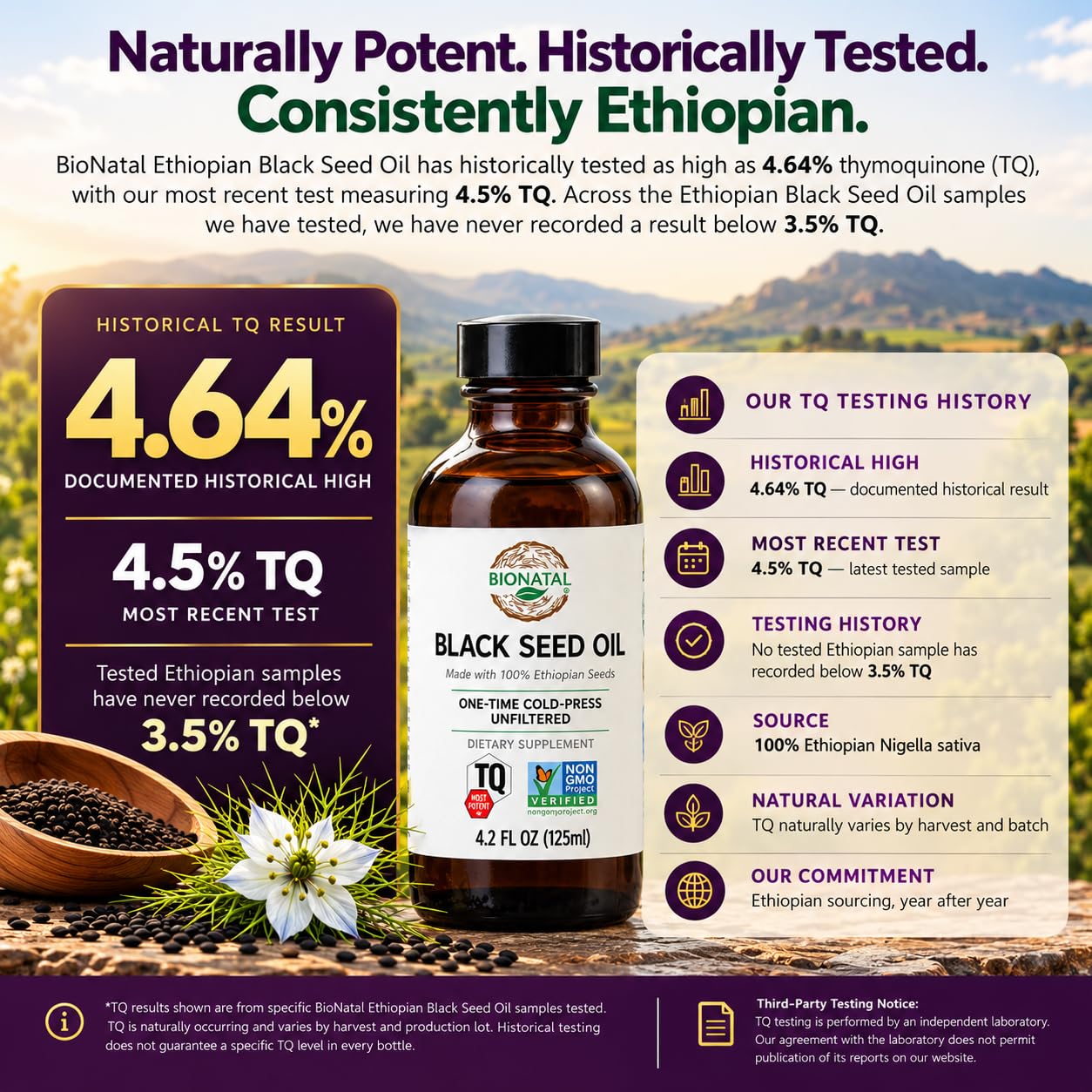 BioNatal Ethiopian Black Seed Oil 4.2oz Glass– Cold Pressed Nigella Sativa Producing Black Cumin Seed Oil, Unrefined & Non-Filtered, High TQ Up to 4.64% – Supports Immune System, Digestion & Joints — Amazon image 2