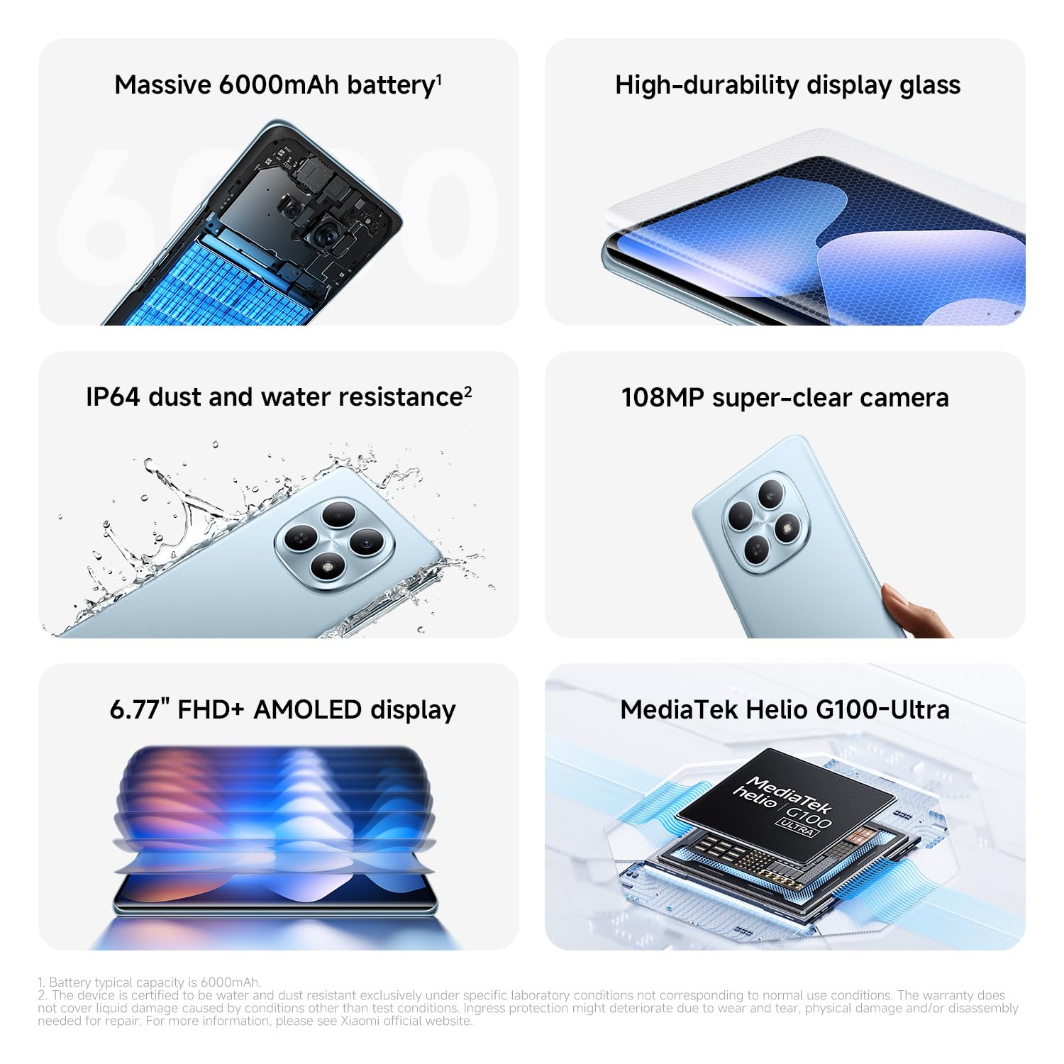 XIAOMI Redmi Note 15, Smartphone 6+128 GB, Massive 6000mAh Battery, Water Resistance, 108MP Super-clear Camera, 6.77" FHD+ Display, Glacier Blue, Warranty 2 years, Charger Not Included — view 3