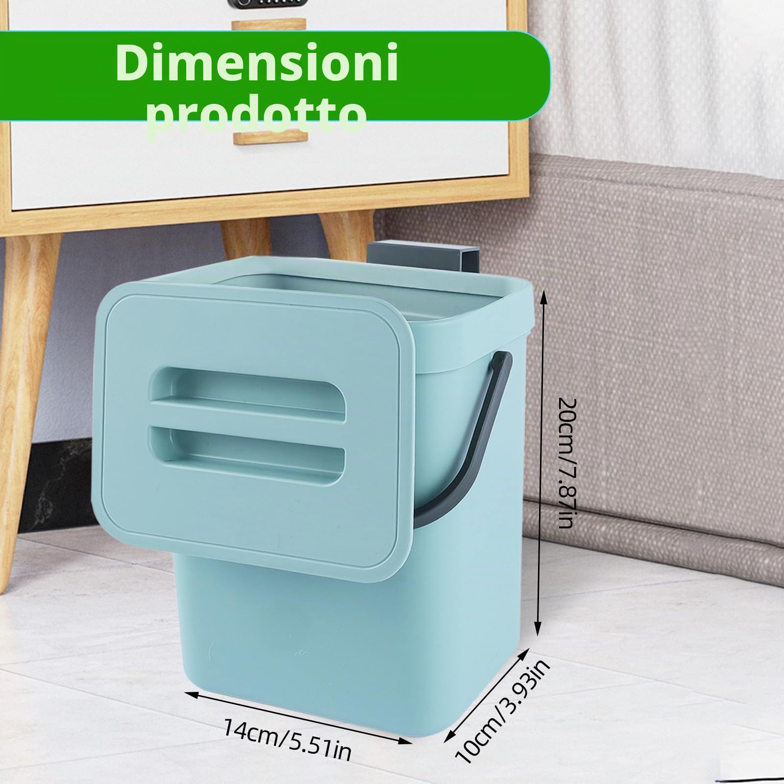 Secchio da Compost da Cucina Piccolo, Bidone della Spazzatura da Appendere, Biometro, Pattumiera per Piano di Lavoro, Contenitore con Coperchio, Compostiera, per Interni, 3 L, Blu.