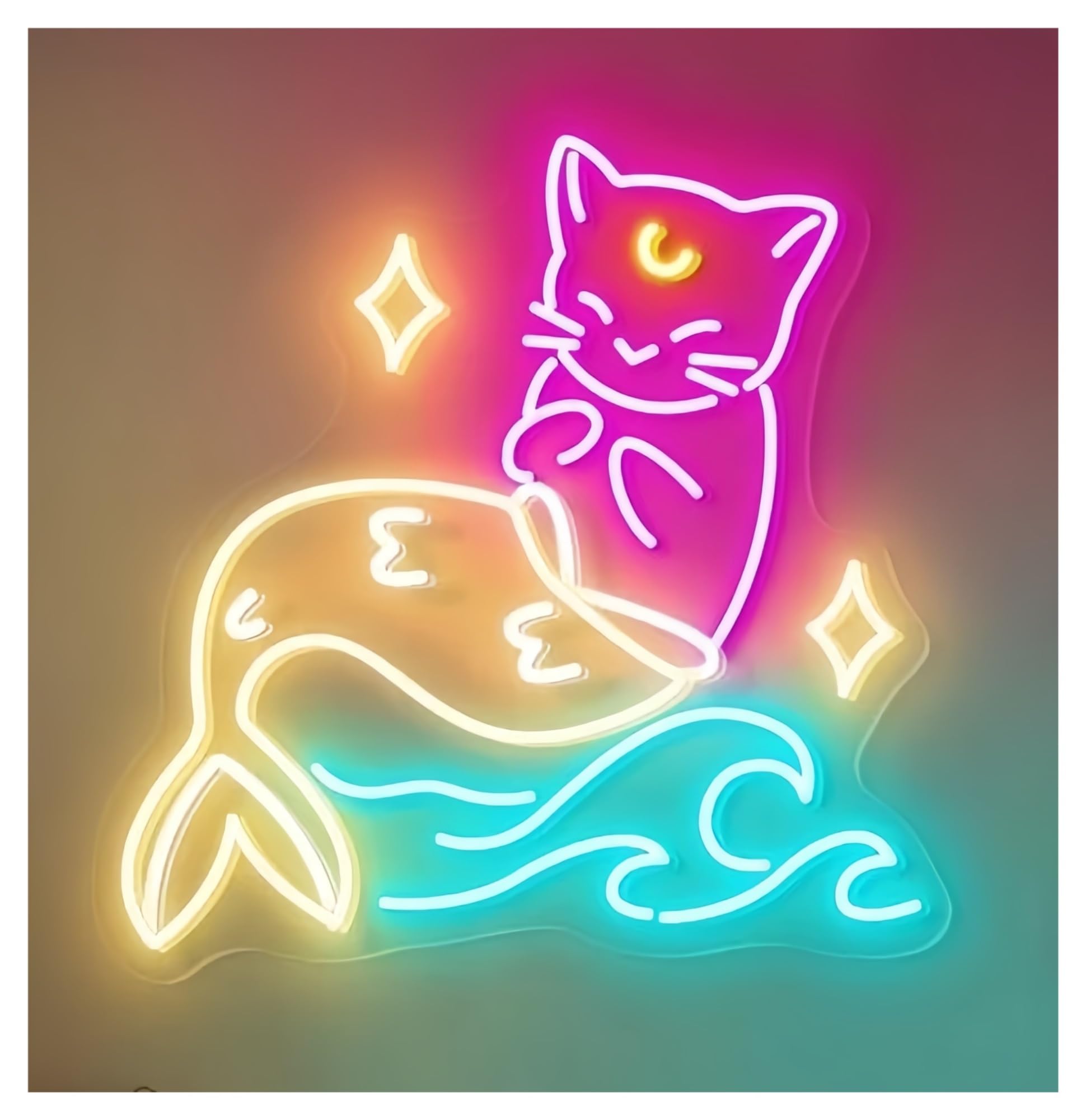 SHOUXI Sign Lamp Mermaid Neon Sign Cat Art Cute Fantasy Wall Decor Whimsical Ocean Themed Kids Room 40cm(A)