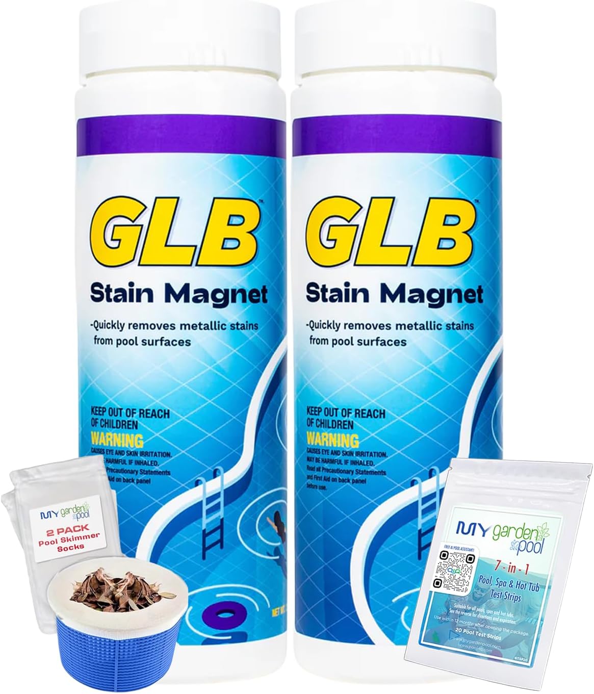 GLB Stain Magnet 2.5 LB (71020A) Removes Metal & Mineral Stains from Pool Surfaces with My Garden Pool Skimmer Socks & Test Kit, 2-Pack