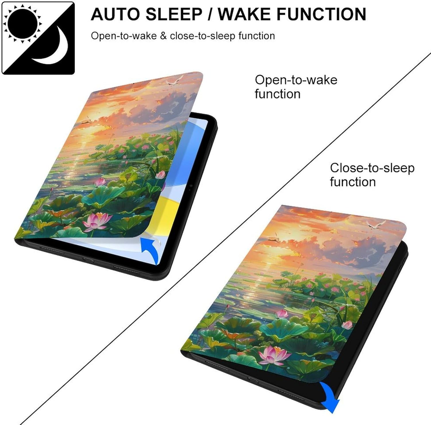 Feng Shui Lotuses Flower Blooming Printed Case Trifold Stand Protective Cover Compatible with iPad 10代 (10.9in)