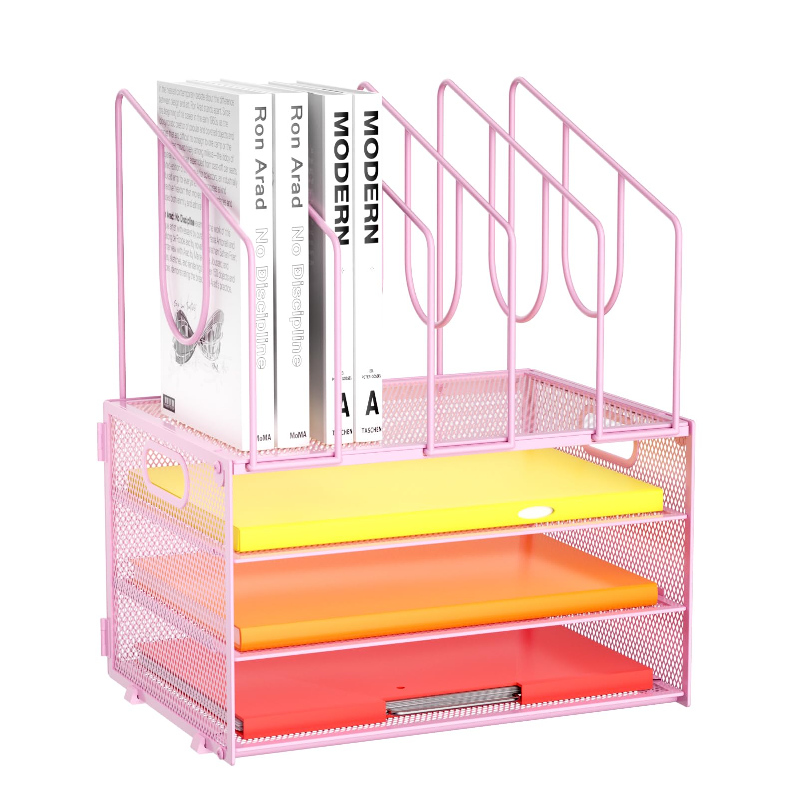 Marbrasse Desk Organizer,4-Tier Mesh Desk File Organizer,Desk Organizer Tray with 5 Vertical File Holder ,Desk Paper Organizer with Handle for Home Office (New vertical holder-Pink)
