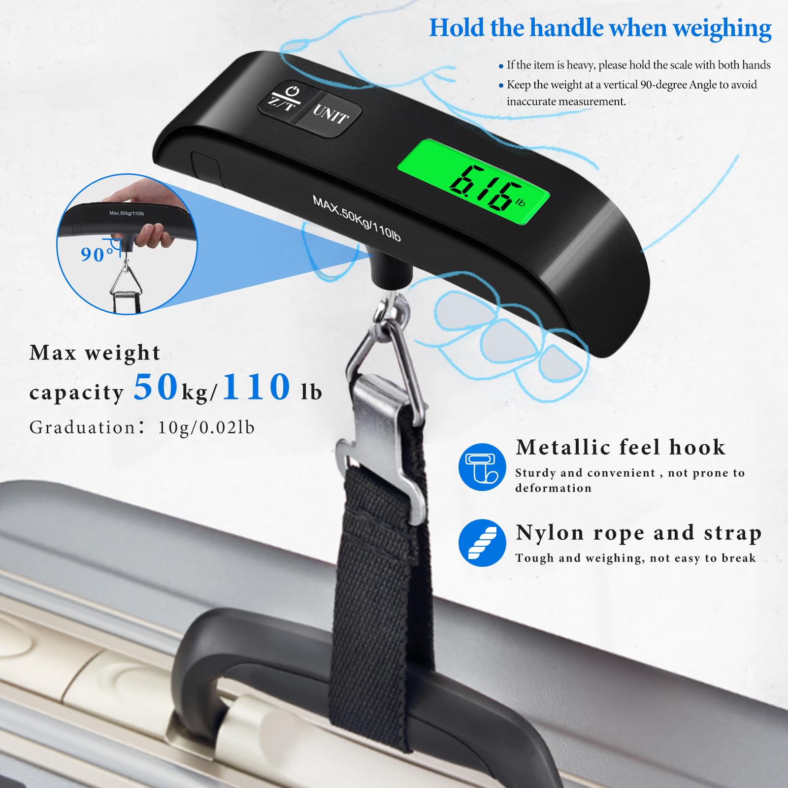 Bilancia per bagagli, 49,9 kg, con 4 funzioni di commutazione e display a LED, bilancia digitale da viaggio per pesare bagagli, zaini, pacchi e mercati (nero)