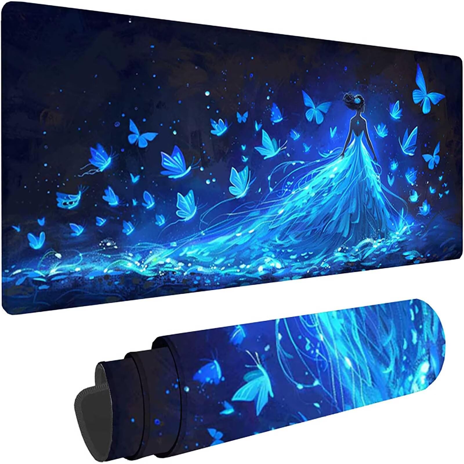 Niebieska podkładka pod mysz do gier XXL 1600x800x3 mm duża podkładka pod mysz XXL podkładka pod mysz motyl do klawiatury i biura, wysoka precyzja i prędkość, antypoślizgowa guma, akcesoria do gier