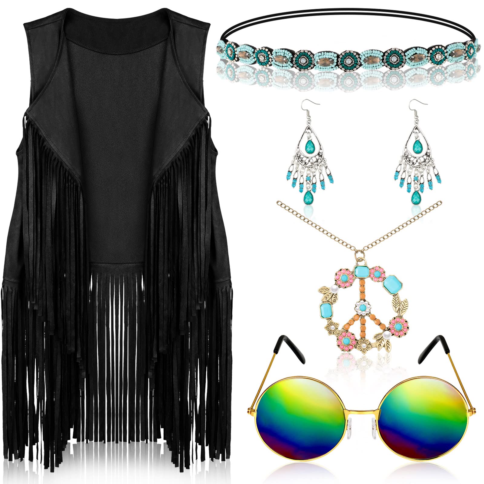 Eurzom 6 Pcs 60s 70s Outfits for Women Hippie Costume Tops Clothes Set Fringe Vest Tassel for Halloween