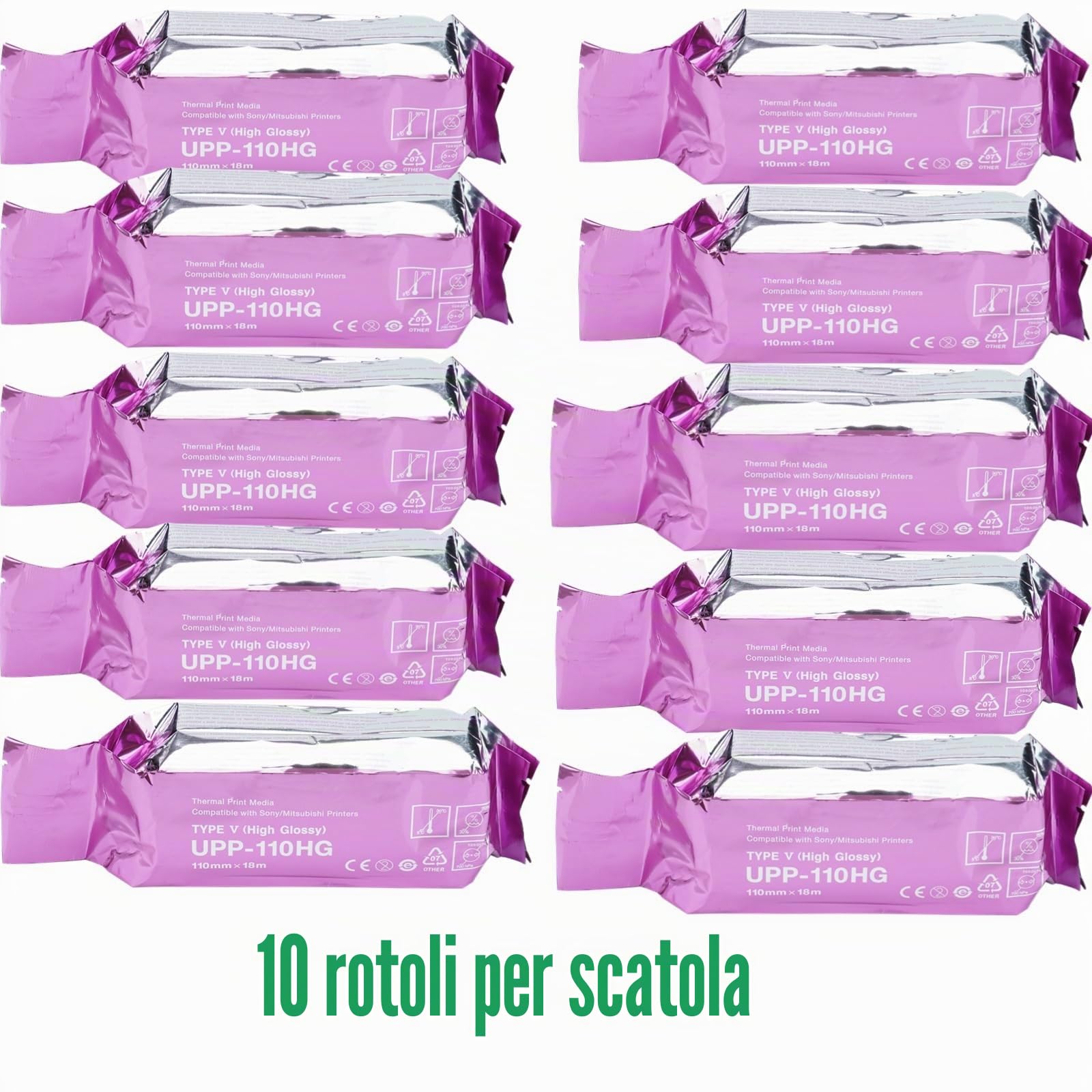 10 rotoli (110 mm x 18 m) di carta ad ultrasuoni UPP-110HG, pellicola ad ultrasuoni ad alta lucentezza, supporto di stampa termica per stampanti in bianco e nero compatibile Sony