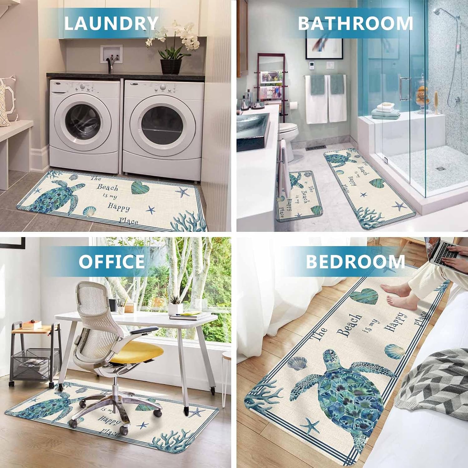 Prime Leader Blue Sea Turtle Kitchen Mat Set 2 Pieces Beach Happy Place Seashell Starfish Linen Texture Non Slip Kitchen Rugs Washable Runner Rug Mats for Sink Laundry (23.6" x 35.4"+23.6" x 70.9")