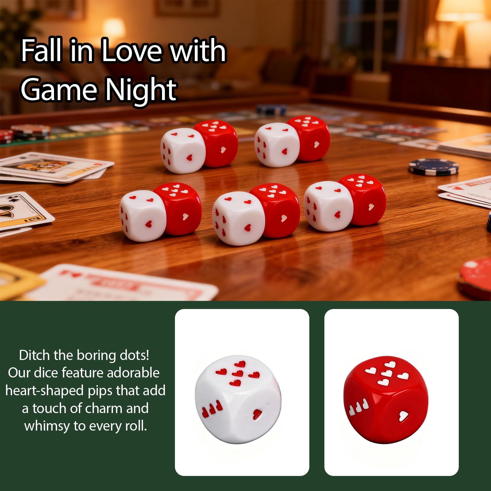 Dadi a cuore, 5 paia 25mm di metodo di gioco multiplo in plastica bianca rossa Gioco portatile alla moda D6 Set di oggetti di scena a sei facce