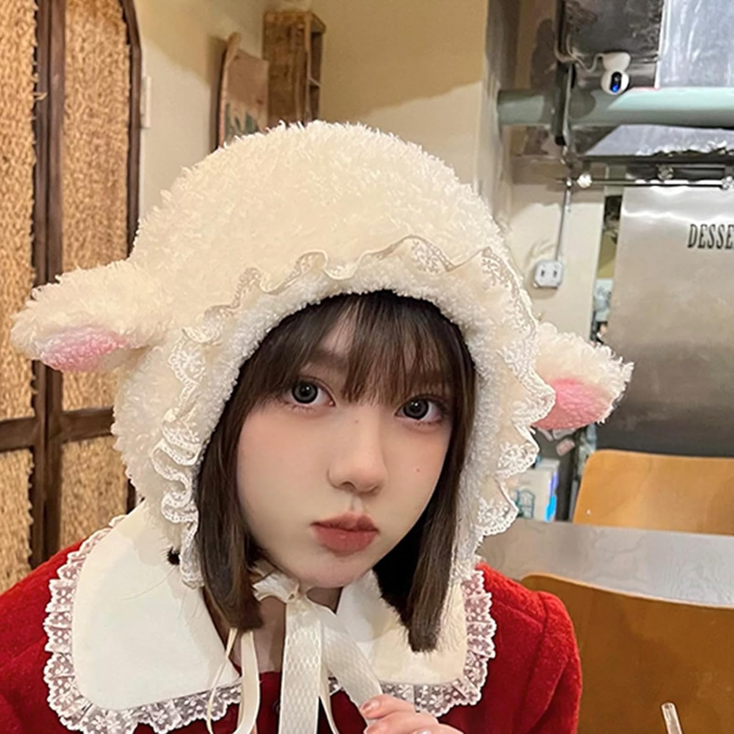 Lamb Hat Cozy Plush Bucket Cap with Ears for Women Men Kids Christmas Halloween Cosplay Party Costume Photo Prop (White M) - Image 6