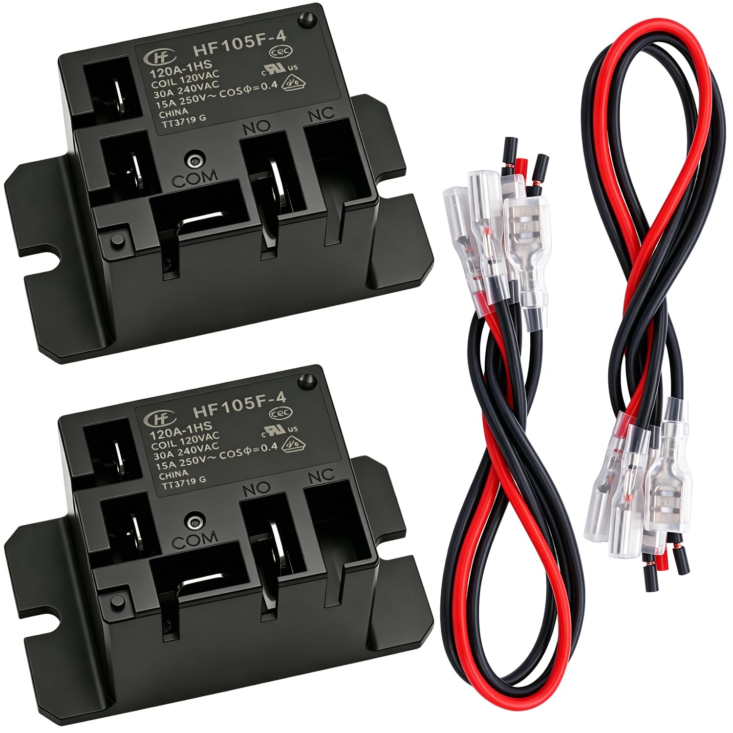 Tnisesm 2PCS Power Relay SPST(1 NO) AC120V Coil, 30A SPST 120 VAC with Flange Mounting and 8 Quick Connect Terminals Wires Mini Relay HF105F-4-AC120V-8X