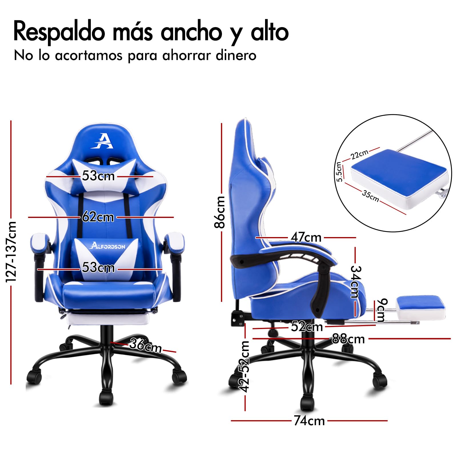 ALFORDSON Silla para Videojuegos, Silla de Escritorio de Oficina ergonómica, Silla de Carreras con Masaje, reposapiés retráctil, Capacidad de 180kg, Cuero de PU, Azul y Blanco