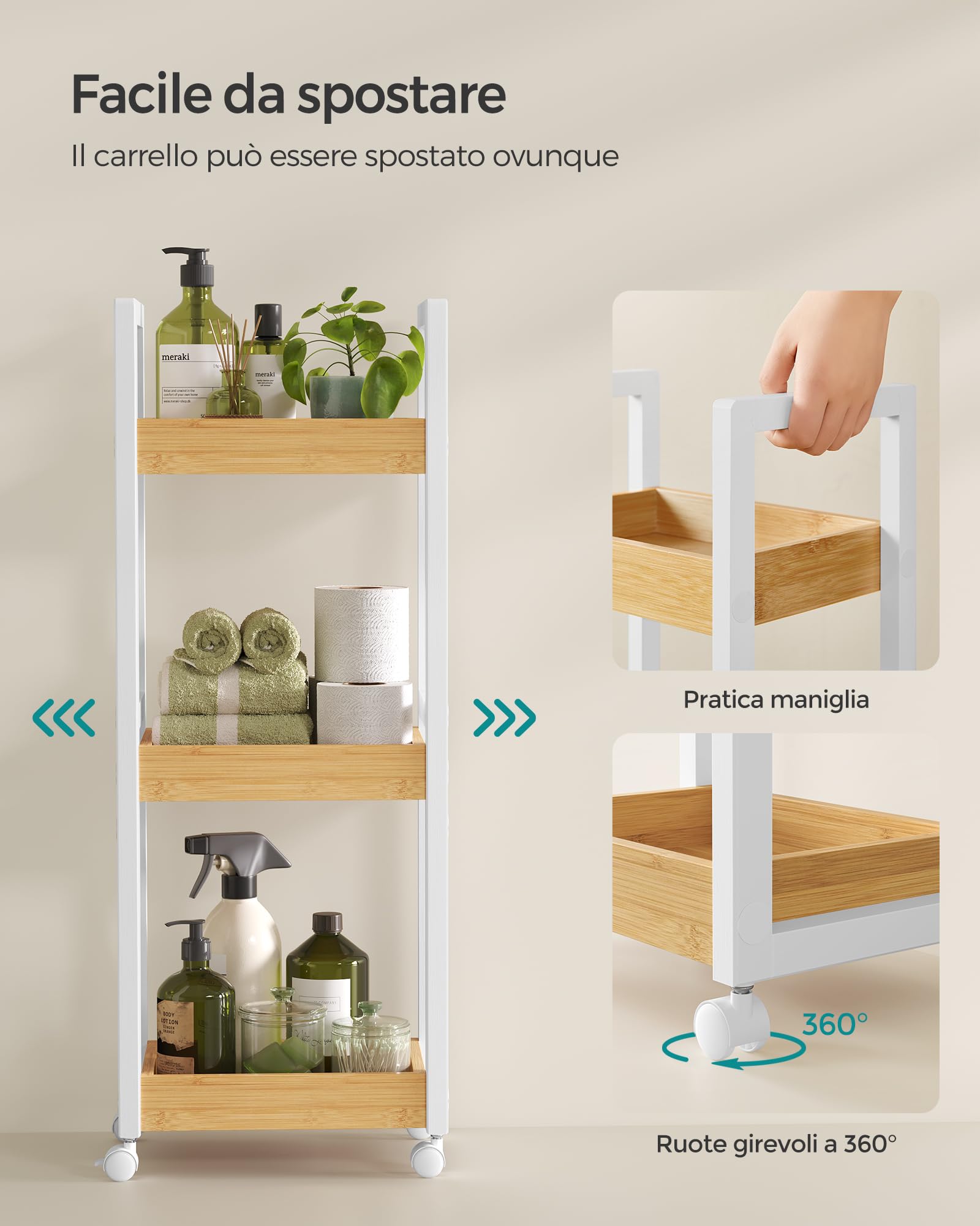 SONGMICS Carrellino Salvaspazio, Carrello Bagno, Mobiletto Bagno Stretto a 3 Ripiani con Ruote, Bambù, 20 x 30 x 80 cm, Bianco e Naturale BCB083N02