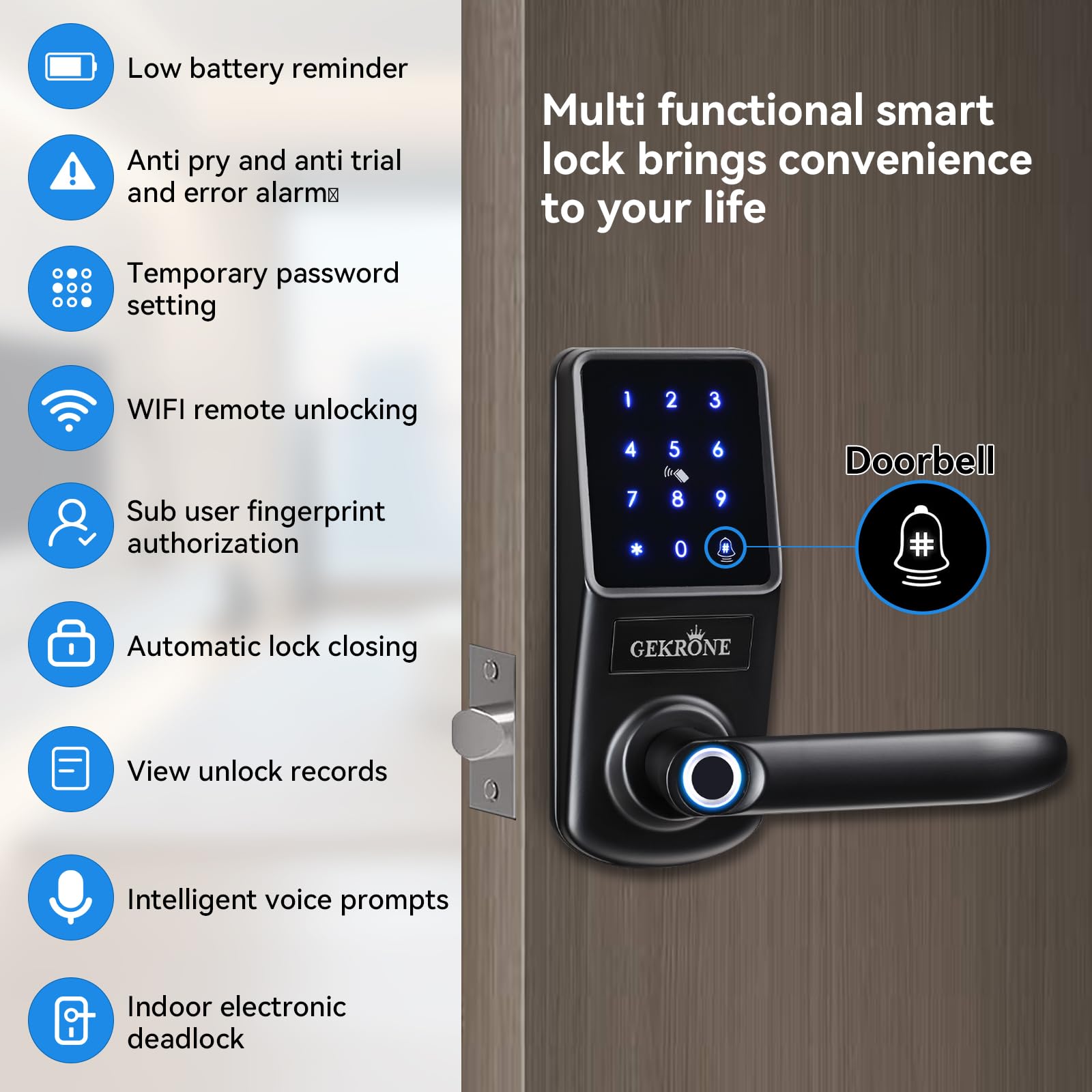 Serratura intelligente delle impronte digitali con maniglia a leva, tastiera touchscreen Keyless Entry manopola della porta anteriore, controllo APP Set di chiavistello elettronico biometrico