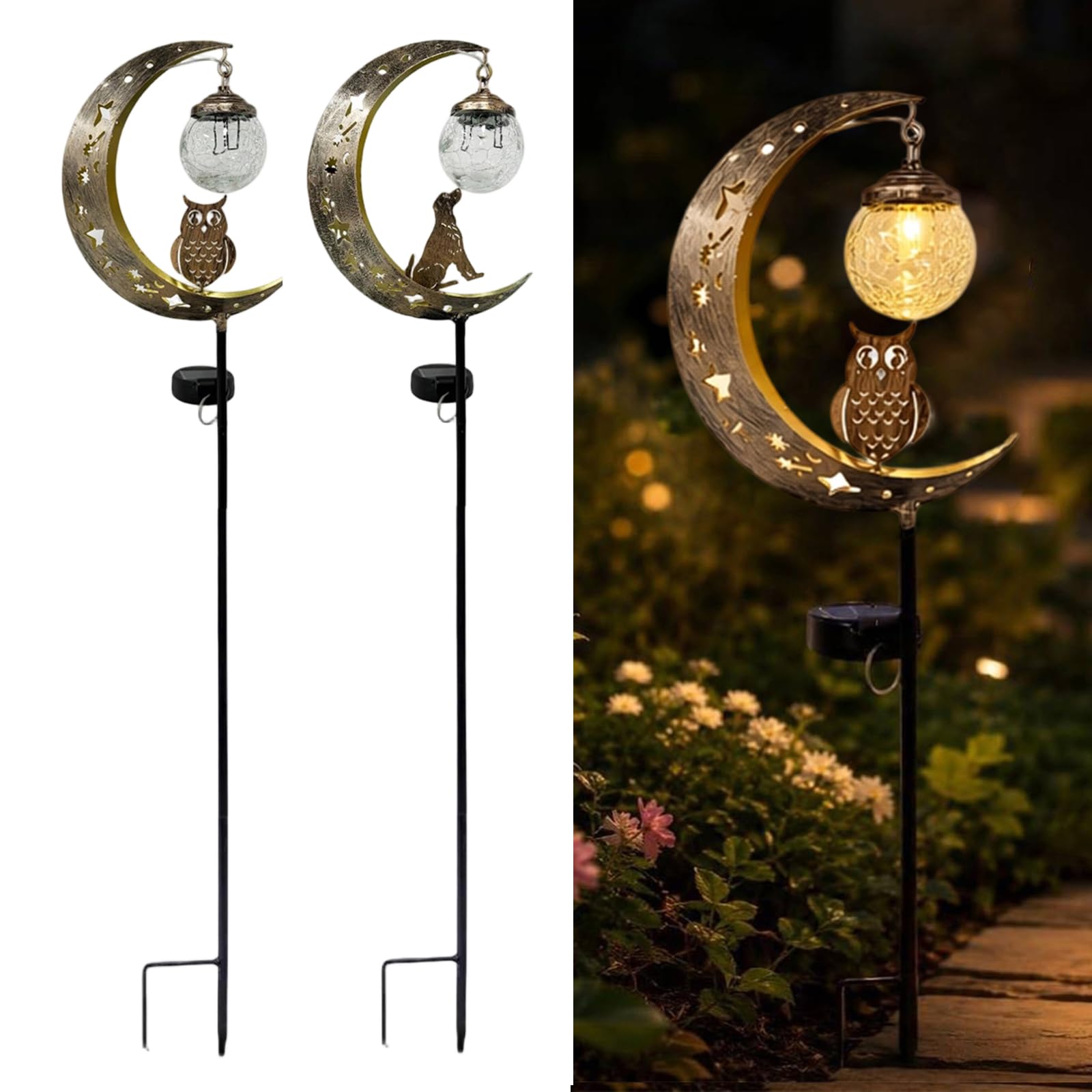 Owl Dog Solar Garden Lights Outdoor, Moon Solar Light with Crackle Glass Globe, Decorative Solar Garden Ornament Warm LED for Lawn Patio Yard Courtyard