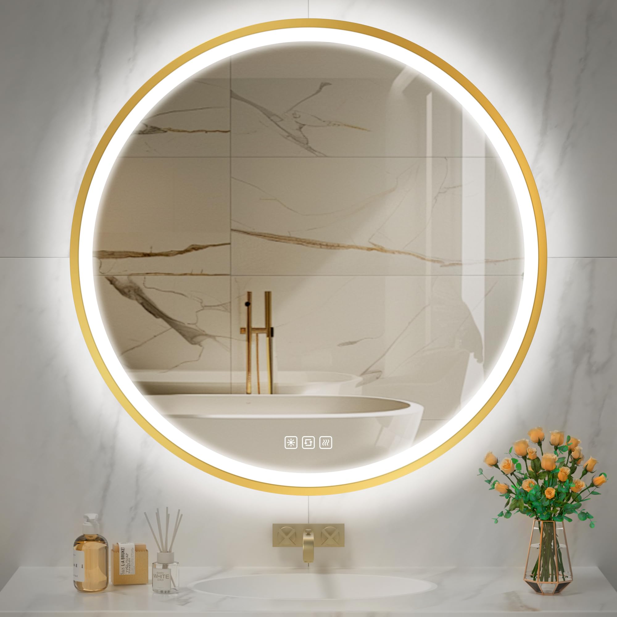 furduzz Round LED Bathroom Mirror with Golden Frame, 800mm Illuminated Wall Mounted Mirror with Anti-fog, Memory Function, 3 Colors, Dimmable, HD Tempered Glass — image 1