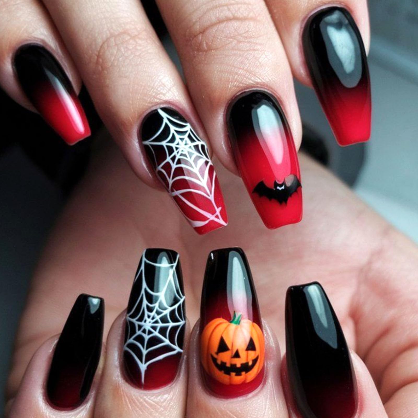 Halloween Press on Nails Coffin Medium Fake Nails with Spider Rhinestones Spider Web Designs Glossy Glue on Nails Press ons Black Red Gradient Full