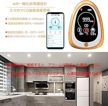​CO検出器 4in1 温湿度計 スマホ遠隔 Type-C充電 キャンプ Amazon.co.jp: 4IN1 一酸化炭素チェッカー 0-1000PPM測定範囲