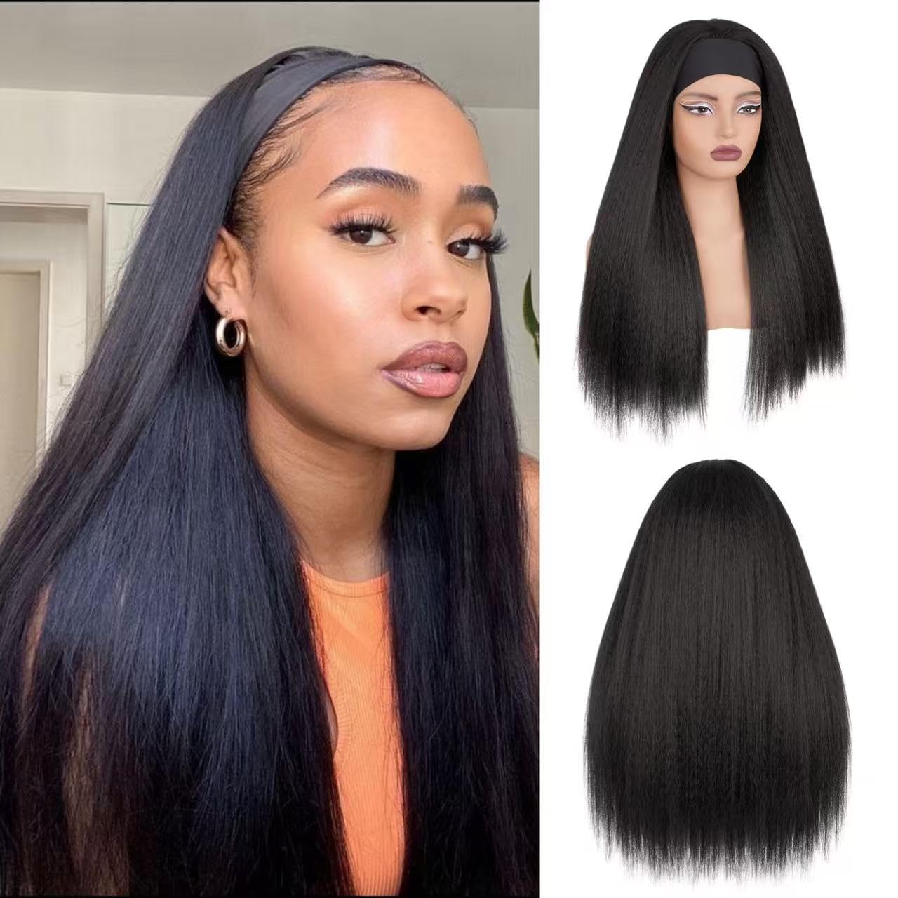 Kinky Straight Synthetic Half Wig Headband Wig for Black Women1B,24inch