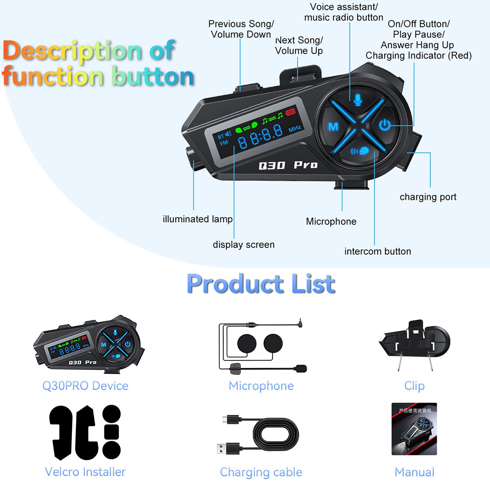 OBEST Interfono Moto,BT 5.4 Casco Moto Auricolare con Hi-Fi Stereo Doppia Riduzione del Rumore e Funzione FM,Autonomia Fino a 15 Ore, Mp3, Impermeabile, Universale