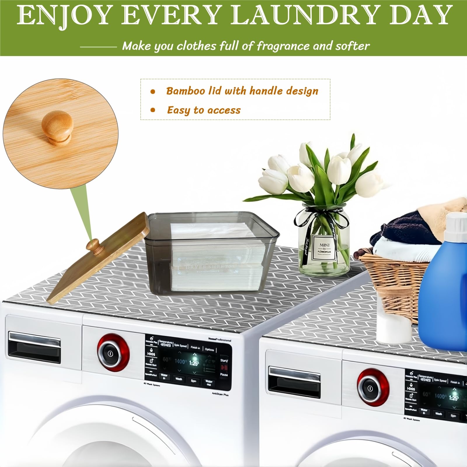 Dryer Sheet Holder with Bamboo Lid,Acrylic Laundry Clear Dryer Sheets Dispenser Container Box for Laundry Room Organization and Storage Holds Sheets,Balls,Clothes Pins,Laundry Pods (1 Pcs/2 Labels)