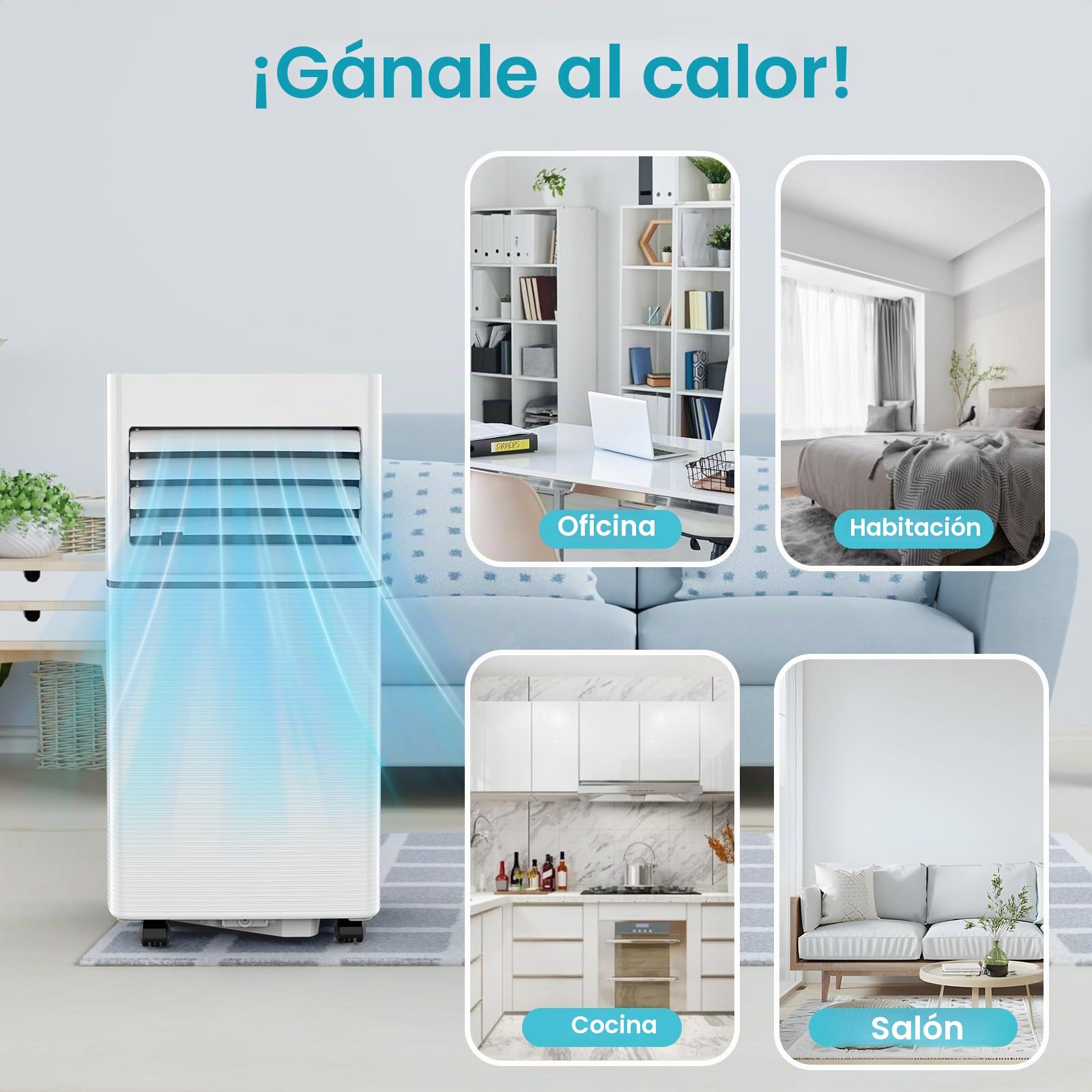 Electactic Climatizador portátil 10000 BTU silencioso para dormitorio, oficina y espacios pequeños, refrigeración 3 en 1, deshumidificador y ventilador, evaporación automática, 2 velocidades