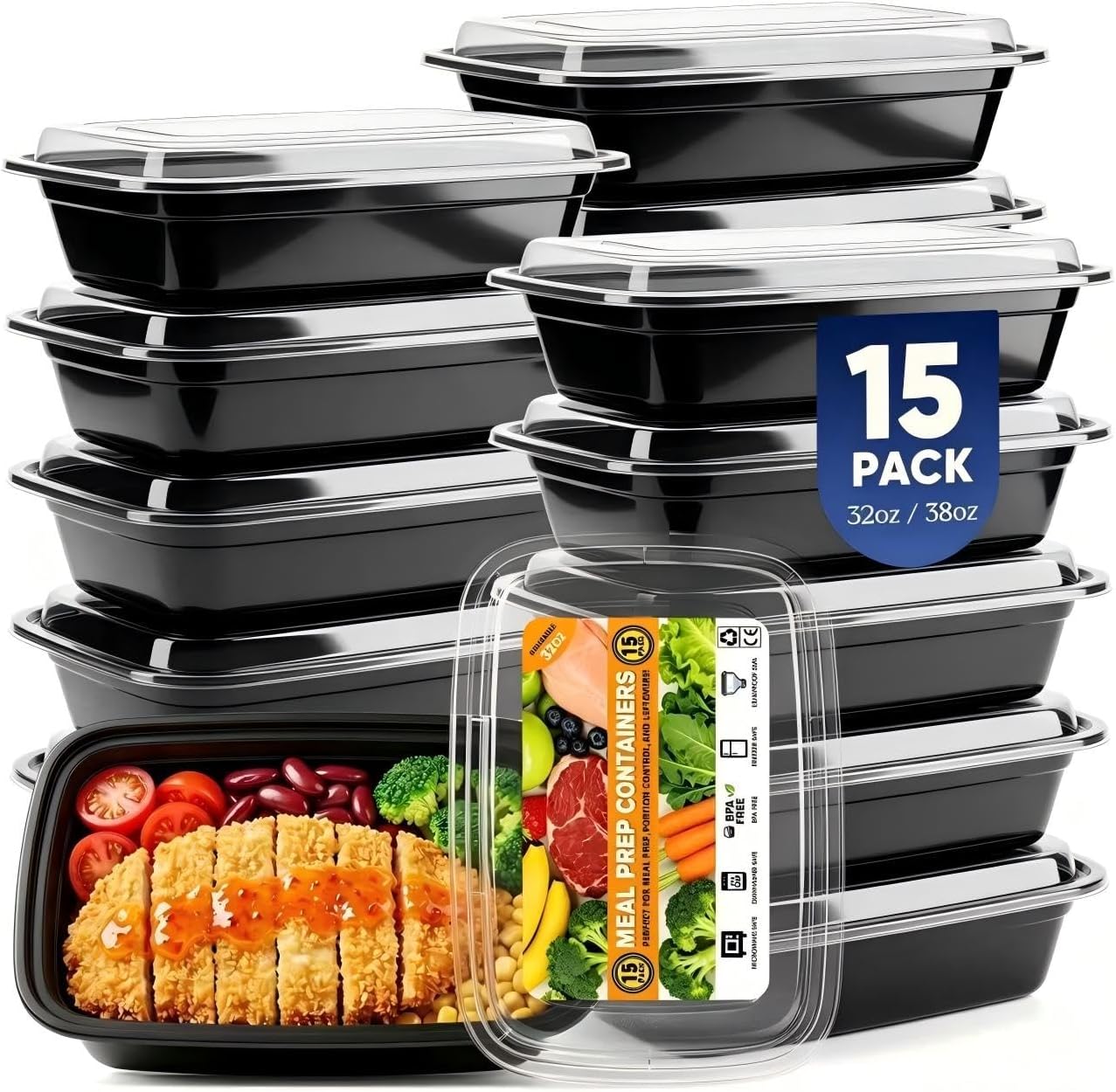 38oz Meal Prep Containers 15 Pack, BPA Free Take Out Containers with Lids