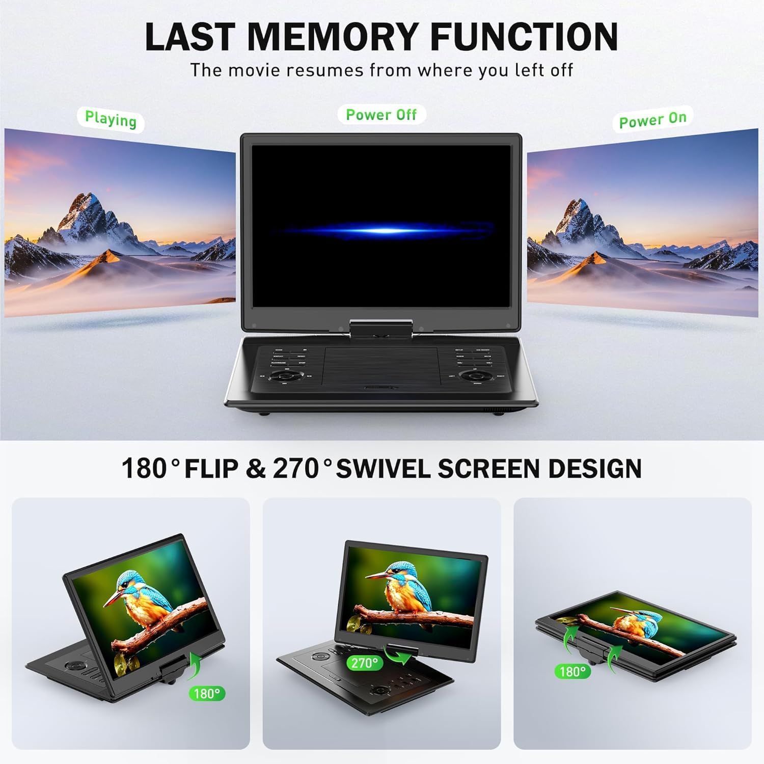 17.3" Portable DVD Player with Bluetooth Hadphones and Carrying Bag,15.4" Wide-Viewing-Angle HD Screen,6-Hours Rechargeable Battery,Car DVD Player for Kids,Support Bluetooth/HDMI in/AV/CD/VCD/DVD/USB