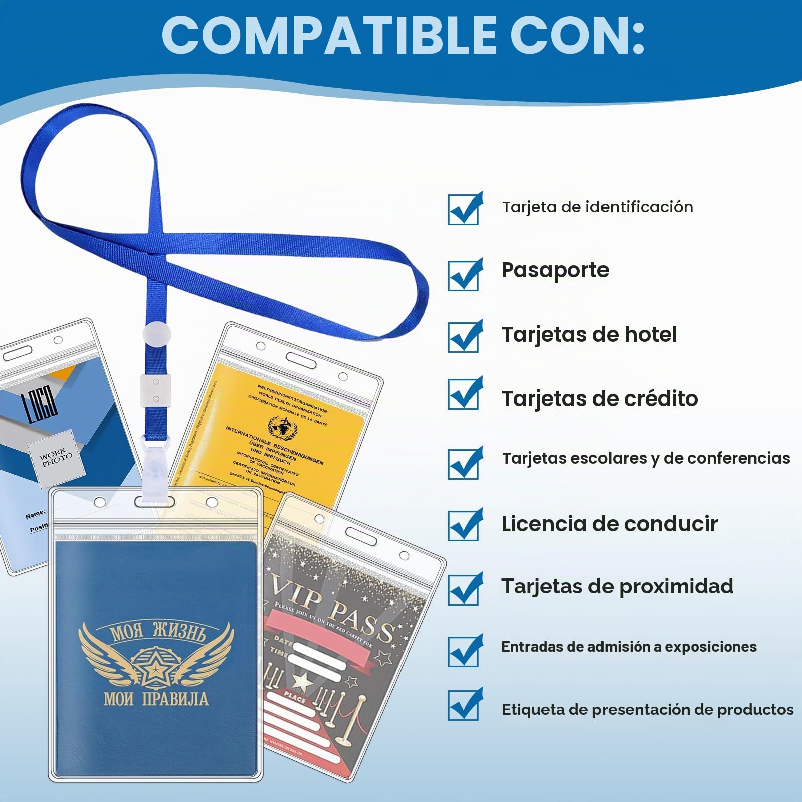 100 Piezas Porta Tarjetas Identificativas A6, 11 x 16 cm, con Cordón y Hebilla Ajustable, Impermeable, Transparente de PVC para Tarjetas Identificativas Vertical, para Oficina Estudiante Exposición