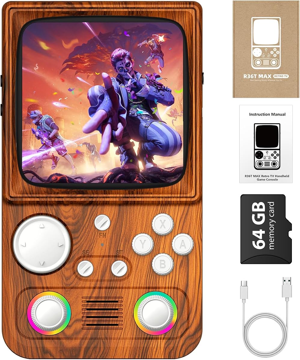R36TMAX Retro Handheld Game Console, 4.0'' IPS Screen, 64GB Support Download 22000+ Classic Games, WiFi Networked Fighting, 4000mAh Battery with Portable Case(Wood Brown 64GB)