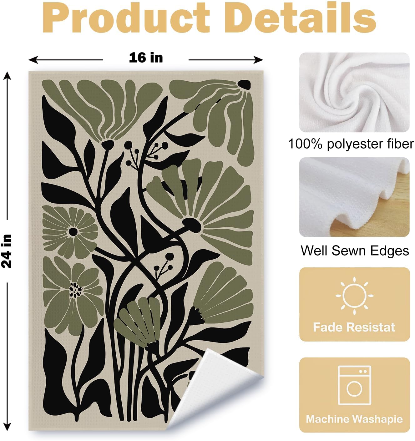 Abstract Dark sage Green and Black Boho Floral Kitchen Towels Set of 2, 70s Retro Groovy Botanical Dish Tea Towels for Kitchen Bathroom Decor, Mid Century Modern Hand Towels, 16x24 Inch - Image 6