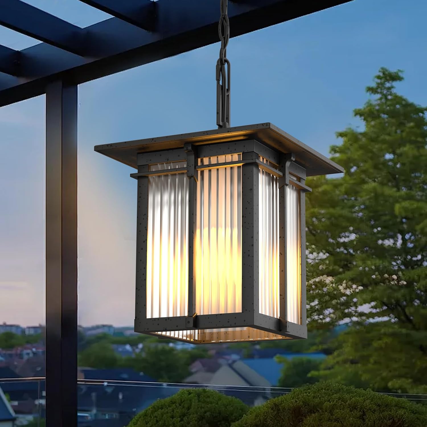 Outdoor Pendant Light Fixture, Soptted Black Aluminum Hanging Porch Lights Outdoor with Ribbed Glass, Exterior Pendant Lights with Adjustable Chain for Patio Corridor (Max 43.9''H, 1 pc)