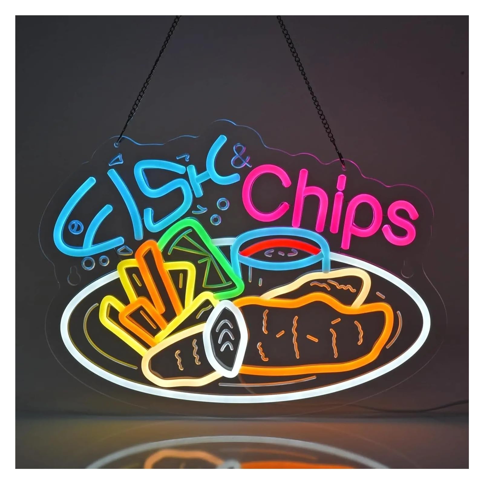 LEMST Sign Lamp Fish Chips LED Neon Sign USB Powered Dimmable for Seafood Bar Cafe Decoration Restaurant Wall Decor 39x29cm/15.35x11.42in