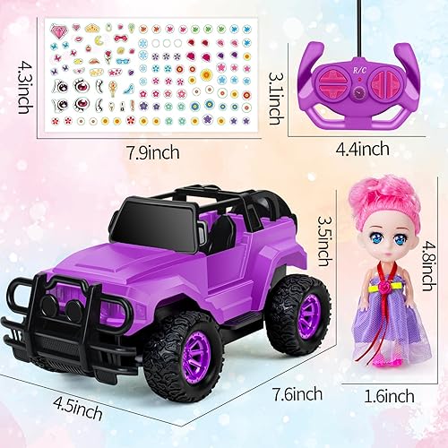 Miniatura 6 de Coche de Control Remoto, Camión Rc Morado con Adhesivos DIY y Muñeca para Niñas Peques, Camión RC de Escala 120 Todo Terreno, Juguetes de Coche Rc
